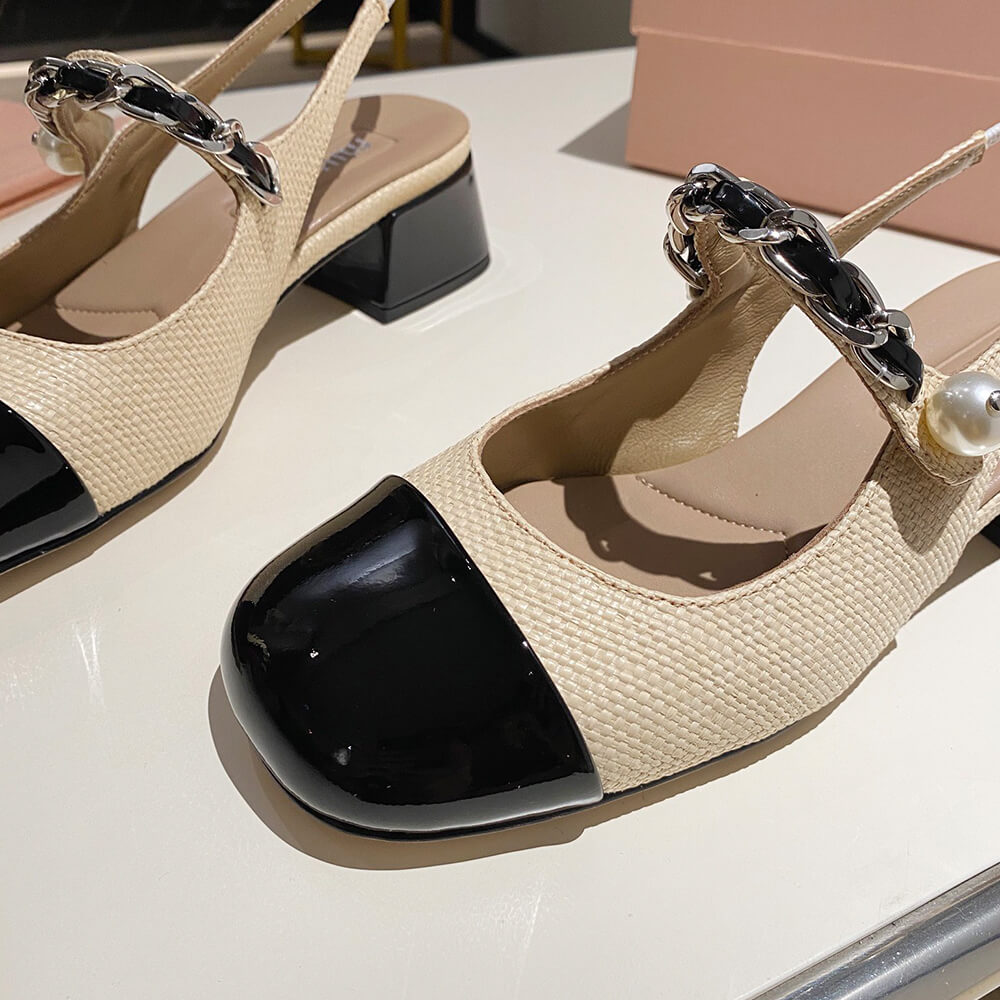 M1um1u Patent leather and raffia slingback pumps