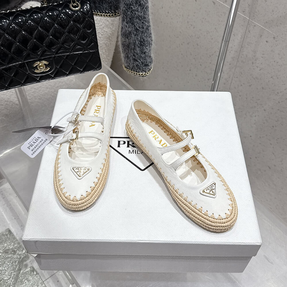 Pra*a Nappa leather and raffia ballerinas