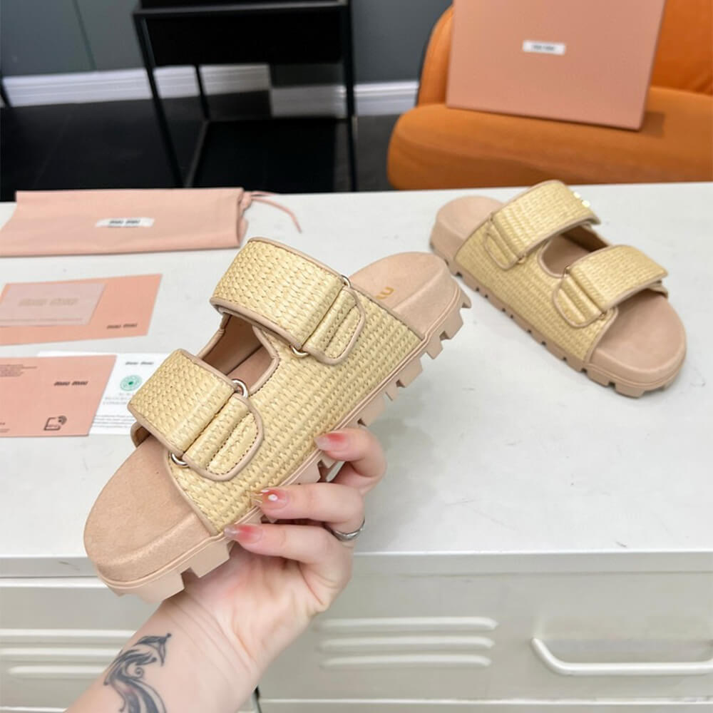 M1um1u Raffia-effect woven fabric slides