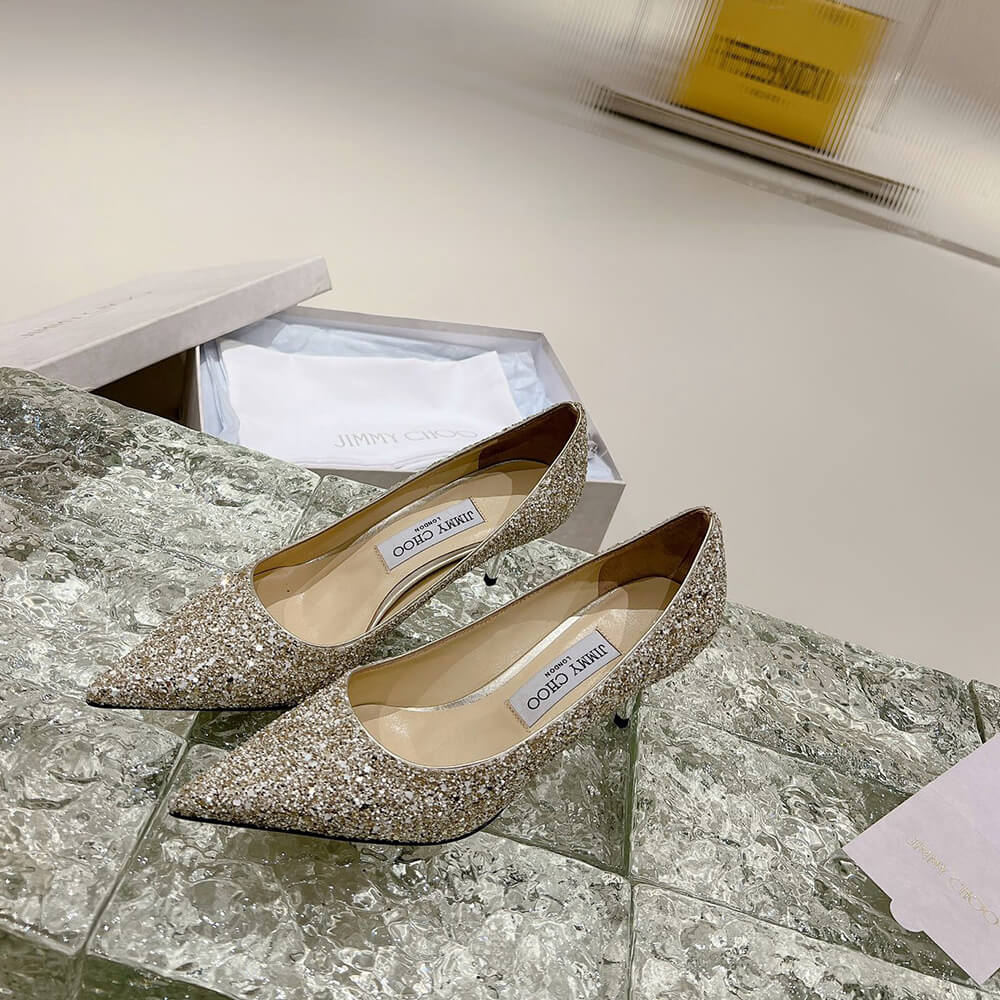 J1m*y Ch00 Champagne Coarse Glitter Fabric Pointy Toe Pumps
