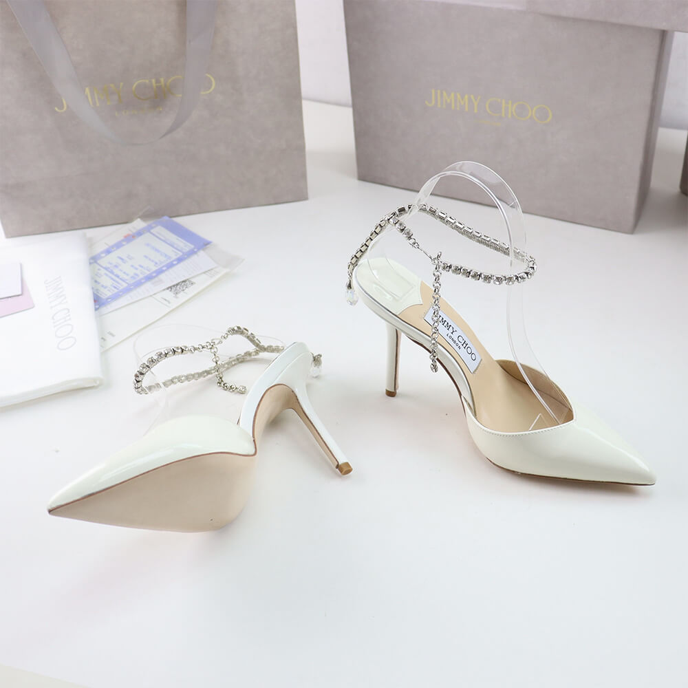 J1m*y Ch00 Ivory Satin Pumps with Crystal Embellishment