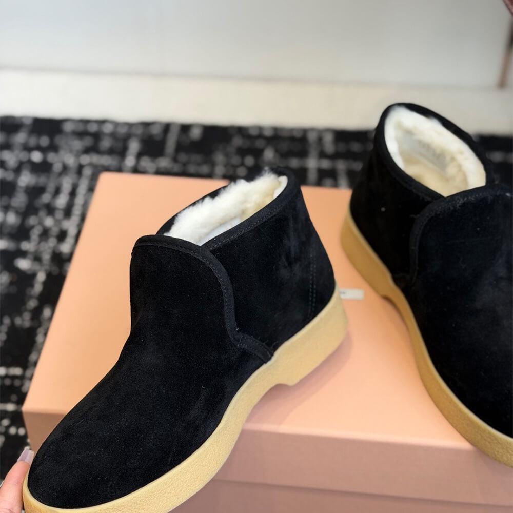 M1um1u Suede and shearling slip-on booties