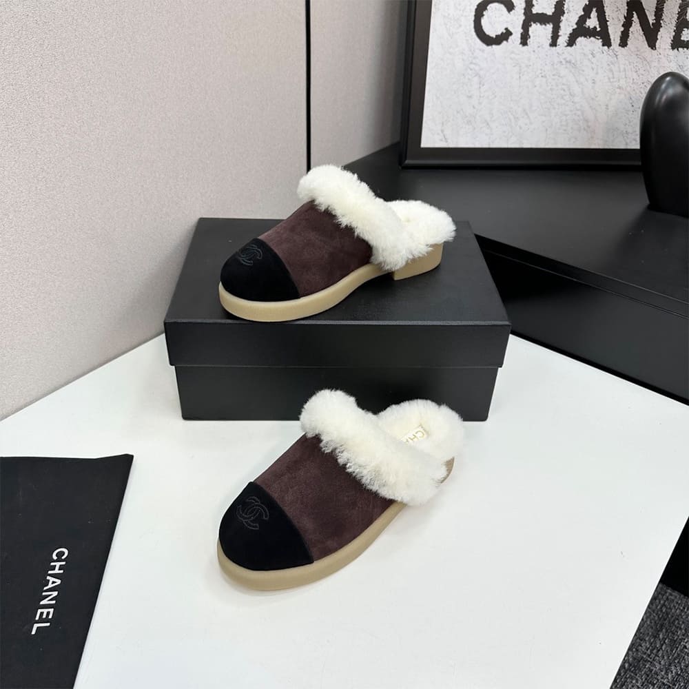 Ch**el Suede Shearling Mules