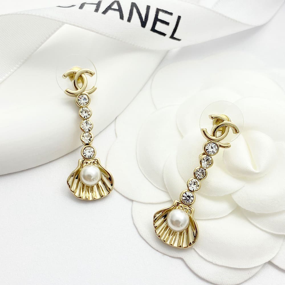 Ch**el Rhinestone Pearl Shell Drop Earrings