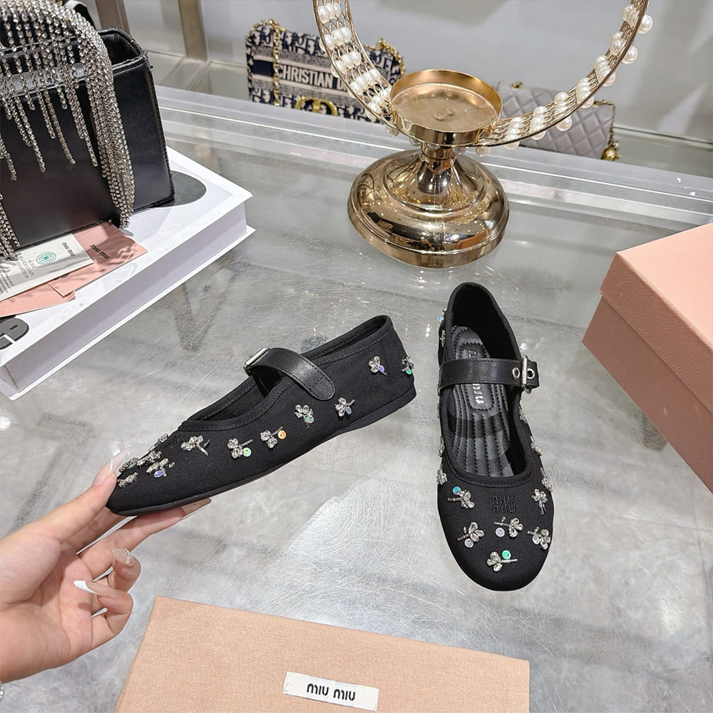 M1um1u Embroidered drill ballerinas (EU SIZE 35-41)