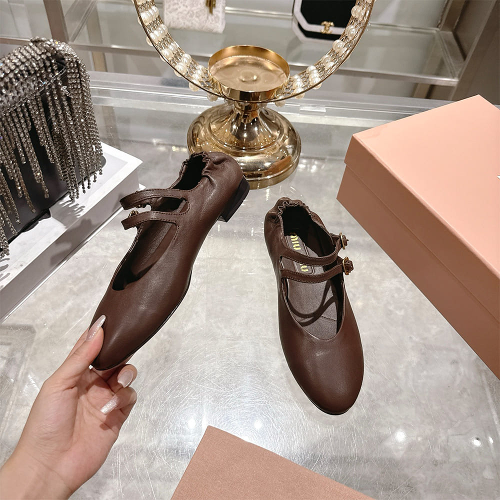 M1um1u Ruched Nappa Leather Ballet Flats (EU SIZE 35-41)