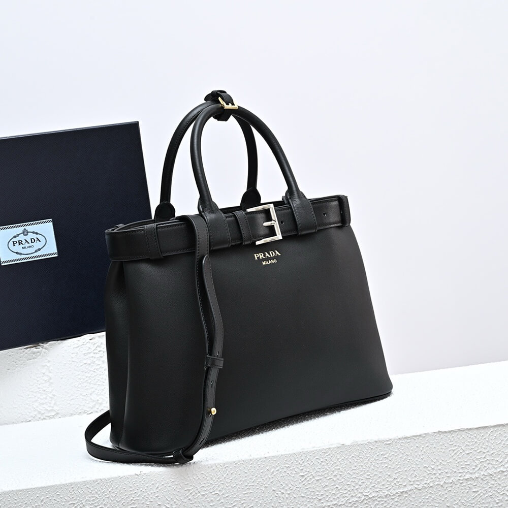 Pra*a Buckle medium leather handbag with double belt(high-end grade)