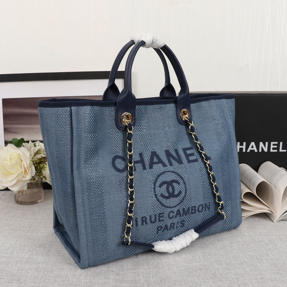 Ch**el Woven Straw Raffia Striped Medium Deauville Tote