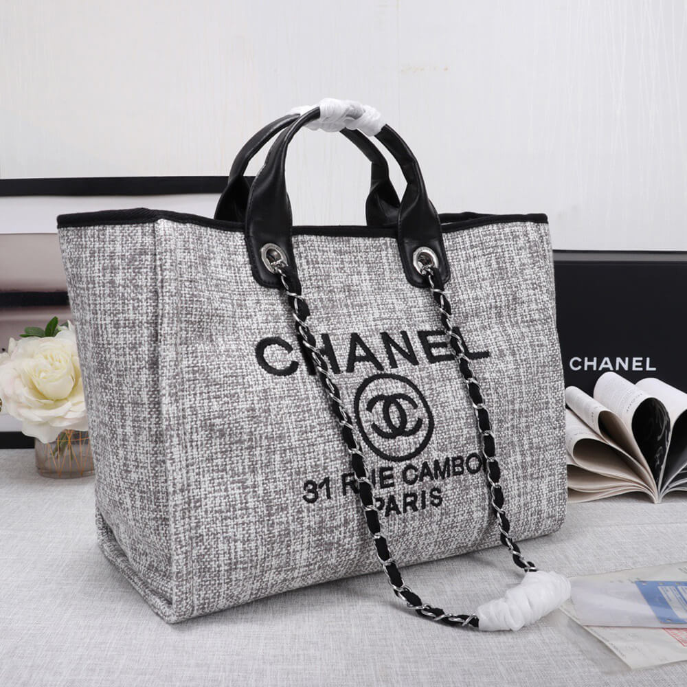 Ch**el Woven Straw Raffia Striped Medium Deauville Tote