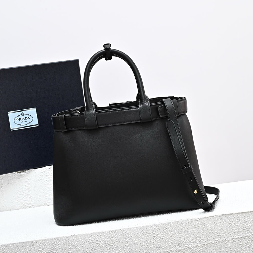 Pra*a Buckle medium leather handbag with double belt(high-end grade)