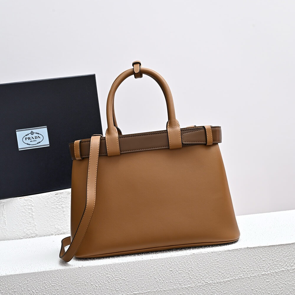 Pra*a Buckle medium leather handbag with double belt(high-end grade)