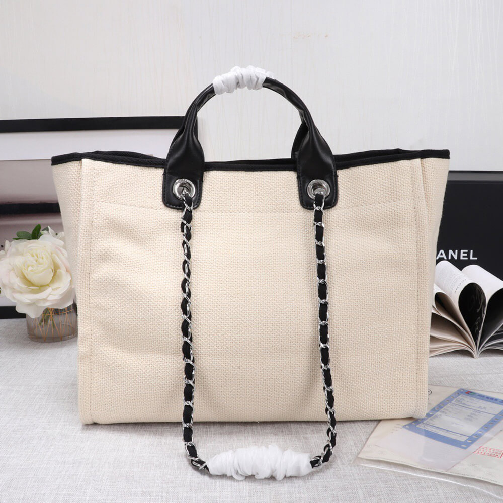 Ch**el Woven Straw Raffia Striped Medium Deauville Tote