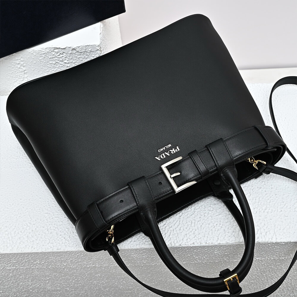 Pra*a Buckle medium leather handbag with double belt(high-end grade)