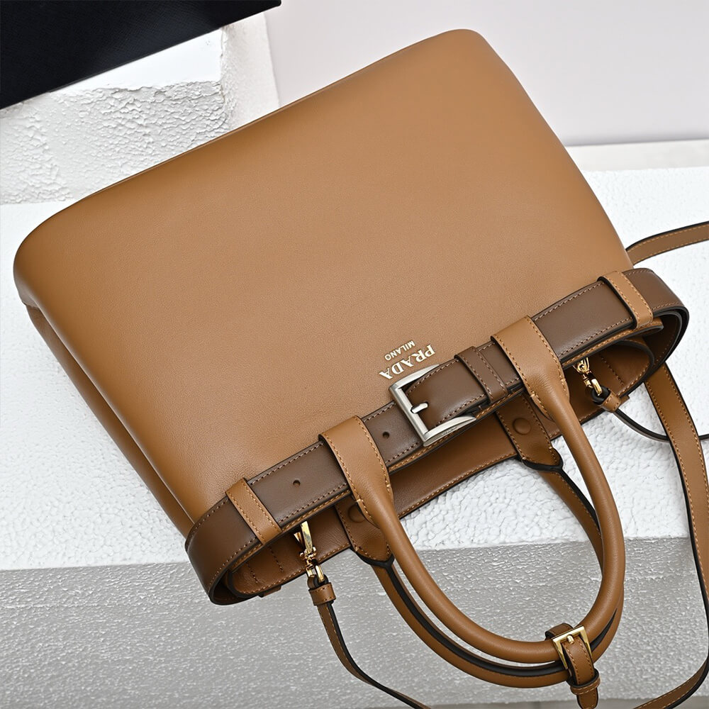 Pra*a Buckle medium leather handbag with double belt(high-end grade)
