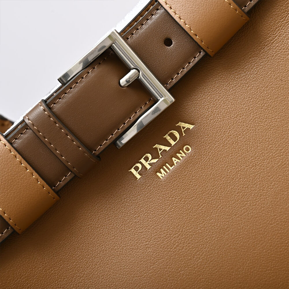 Pra*a Buckle medium leather handbag with double belt(high-end grade)
